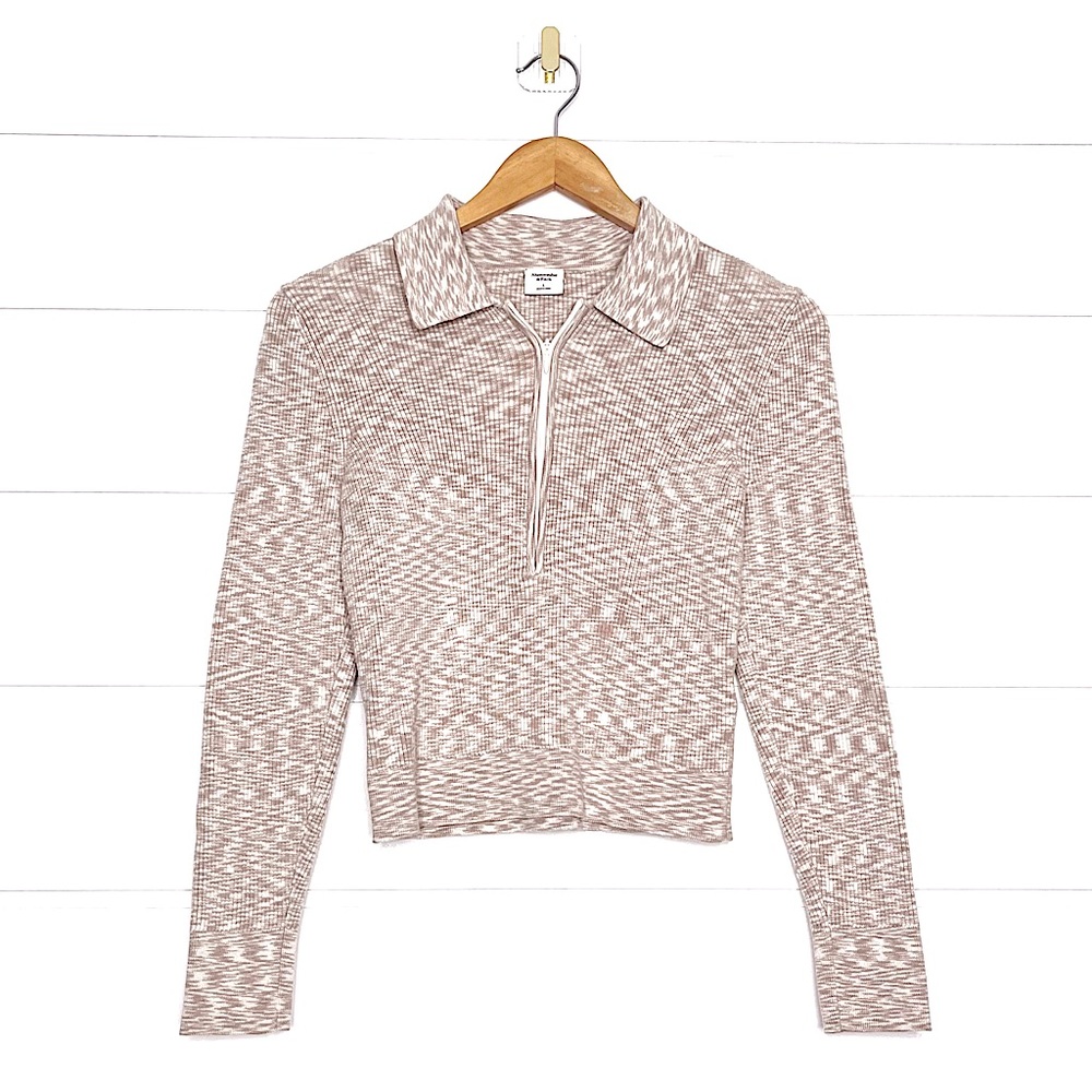 Abercrombie & Fitch Slim Space Dye Cropped Ribbed Knit 1/2 Zip Sweater Large